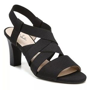 Life Stride Womens Size 6.5 Charlotte Open Toe Strappy Black Sandal Heels Shoes